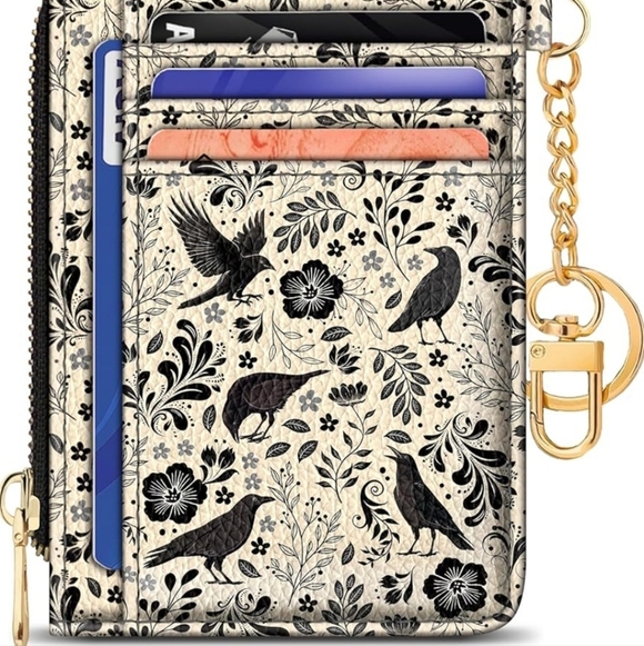 None Accessories - Floral Card Organizer Wallet with Key Ring - Black and Cream